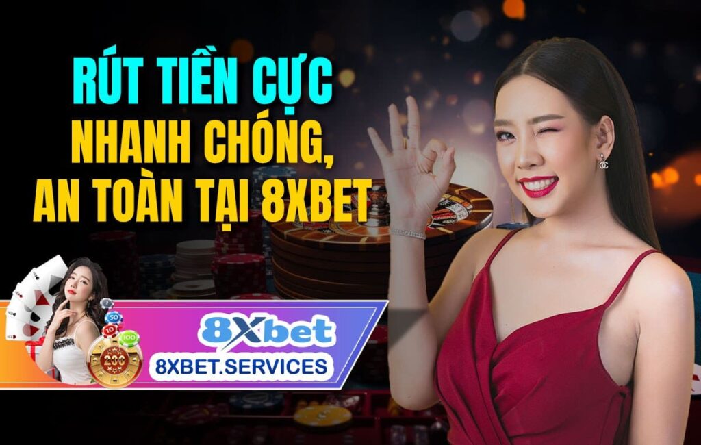 Logo 8Xbet trên nền màu xanh lá cây với văn bản 'Rút tiền cực nhanh chóng, an toàn.'